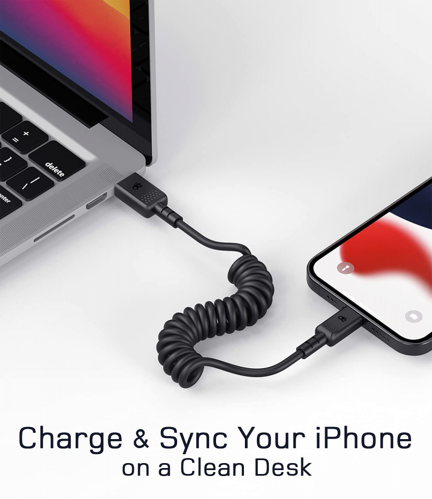 Set 2 cabluri spiralate USB–Lightning 0.9 m, Apple MFi Certificat, Compatibil CarPlay, Încărcare Rapidă pentru iPhone, iPad, AirPods – Lungime Retractabilă 3ft / 90 cm, Marca Dé [4]