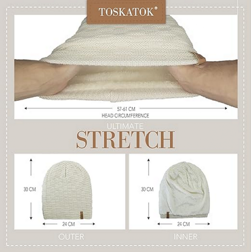 Caciula de iarna unisex TOSKATOK®, model slouch casual, tricotata cu textura tip waffle si captuseala moale din fleece tip teddy, ideala pentru femei si barbati, crem [3]