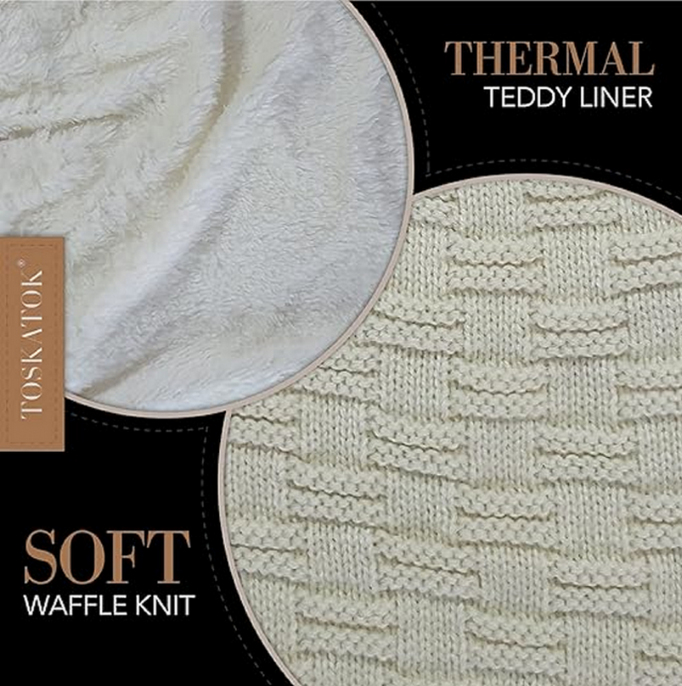 Caciula de iarna unisex TOSKATOK®, model slouch casual, tricotata cu textura tip waffle si captuseala moale din fleece tip teddy, ideala pentru femei si barbati, crem [2]