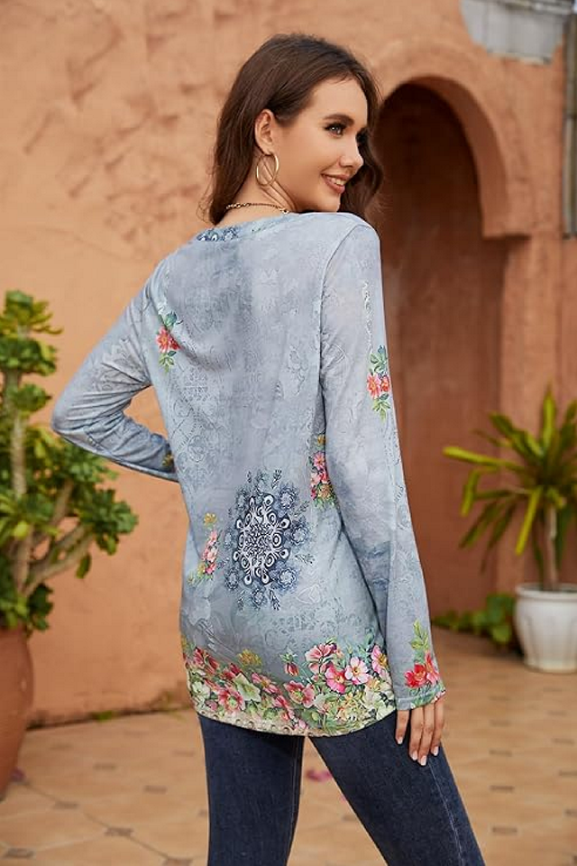 Camasa casual cu nasturi si guler rotund pentru femei, maneca 3/4, cu imprimeu floral, tip tunica, ANGGREK [2]