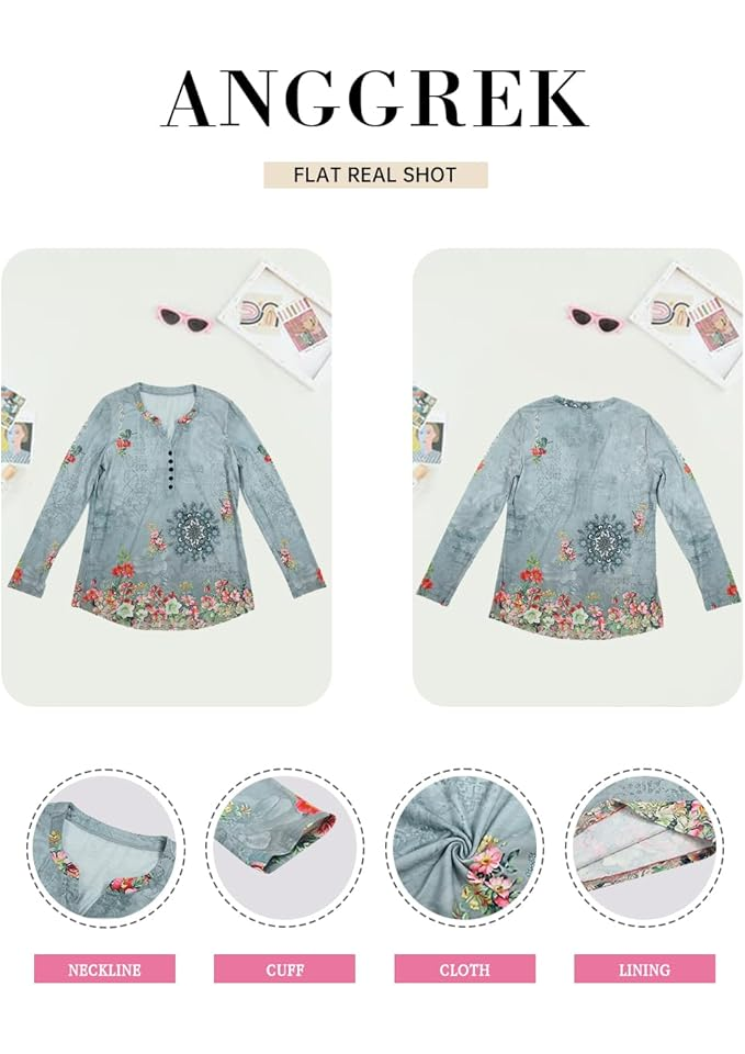 Camasa casual cu nasturi si guler rotund pentru femei, maneca 3/4, cu imprimeu floral, tip tunica, ANGGREK [5]