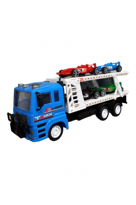 Camion de jucarie cu platforma si 4 masini de curse, Albastru, 32x8x13 cm [1]
