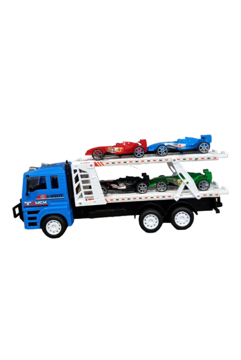Camion de jucarie cu platforma si 4 masini de curse, Albastru, 32x8x13 cm [2]