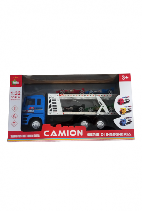 Camion de jucarie cu platforma si 4 masini de curse, Albastru, 32x8x13 cm [3]