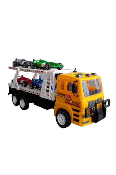 Camion de jucarie cu platforma si 4 masini de curse, galben, 32x8x13 cm [1]