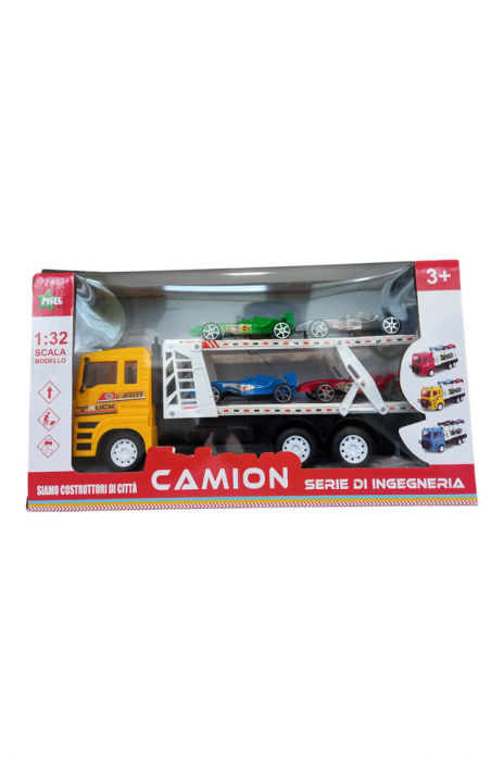 Camion de jucarie cu platforma si 4 masini de curse, galben, 32x8x13 cm [2]