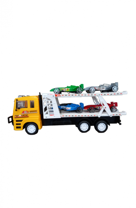 Camion de jucarie cu platforma si 4 masini de curse, galben, 32x8x13 cm [3]