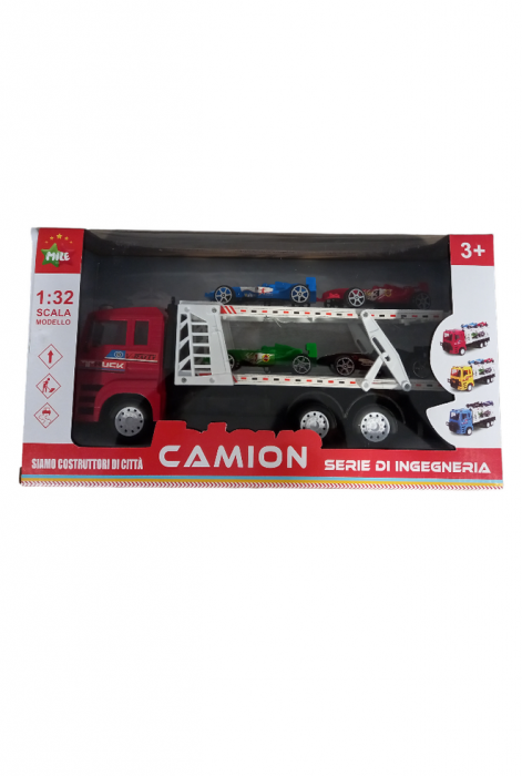 Camion de jucarie cu platforma si 4 masini de curse, rosu, 32x8x13 cm [2]