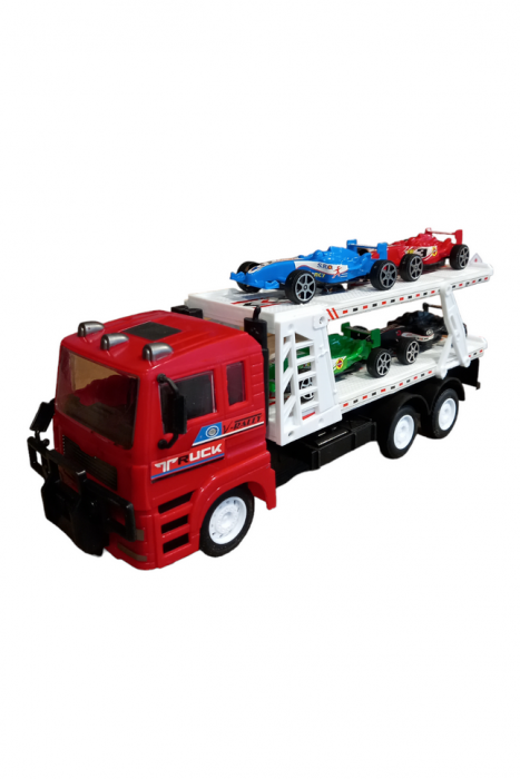 Camion de jucarie cu platforma si 4 masini de curse, rosu, 32x8x13 cm [1]