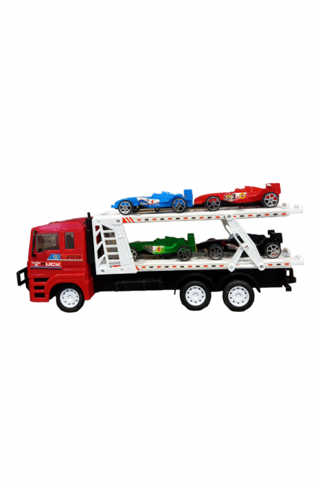 Camion de jucarie cu platforma si 4 masini de curse, rosu, 32x8x13 cm [3]
