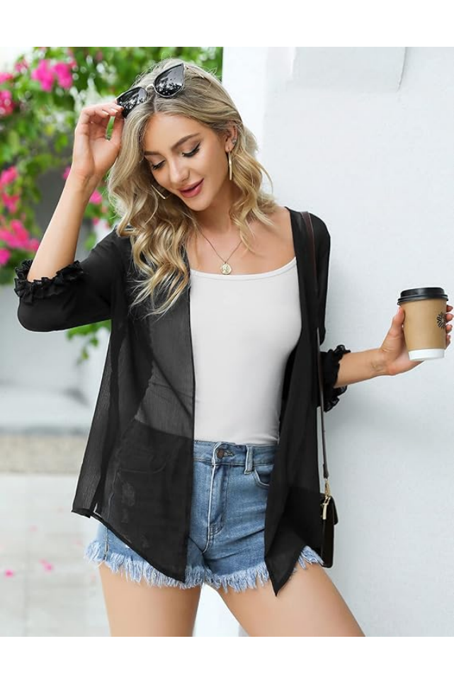 Cardigan Damă din Șifon, Mânecă 3/4, Casual Elegant, negru transparent, marime M [6]