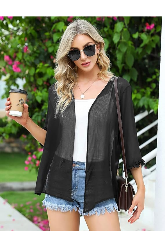 Cardigan Damă din Șifon, Mânecă 3/4, Casual Elegant, negru transparent, marime M [5]