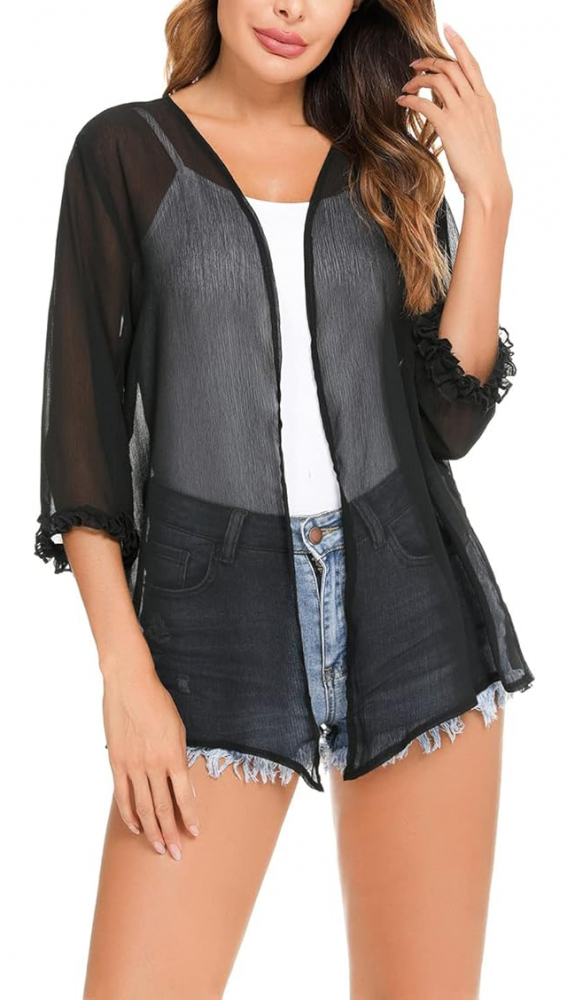 Cardigan Damă din Șifon, Mânecă 3/4, Casual Elegant, negru transparent, marime M [3]