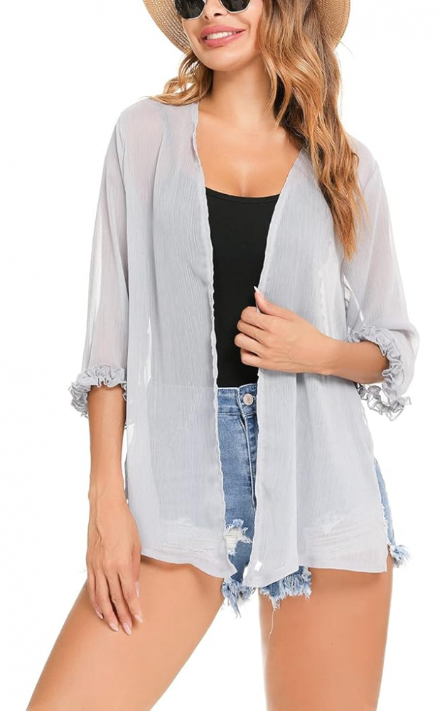 Cardigan Damă din Șifon, Mânecă 3/4, Casual Elegant, alb transparent [1]