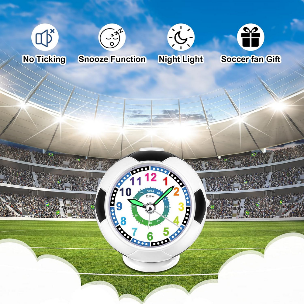 Ceas Deșteptător pentru Copii, Silențios Fără Ticăit, în Formă de Minge de Fotbal, cu Funcție de Amânare și Lumină, Edillas [4]