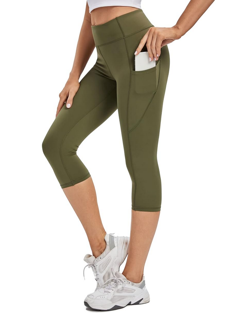 Colanti sport 3/4 pentru femei, cu talie inalta, buzunare laterale si material opac, ideali pentru sport, yoga sau tinute casual, Adorence, verde army [1]