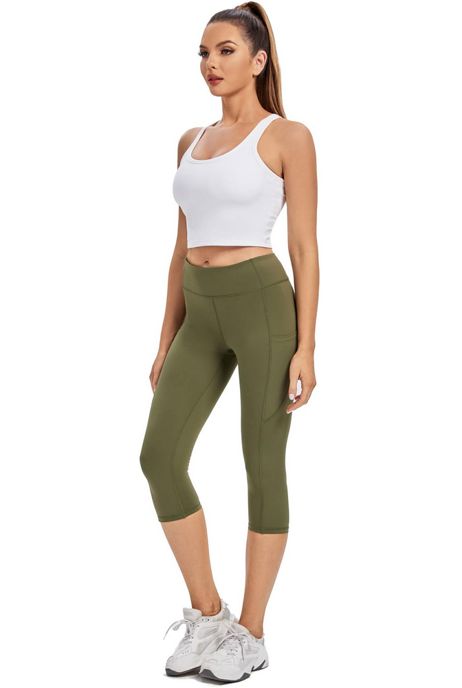 Colanti sport 3/4 pentru femei, cu talie inalta, buzunare laterale si material opac, ideali pentru sport, yoga sau tinute casual, Adorence, verde army [7]