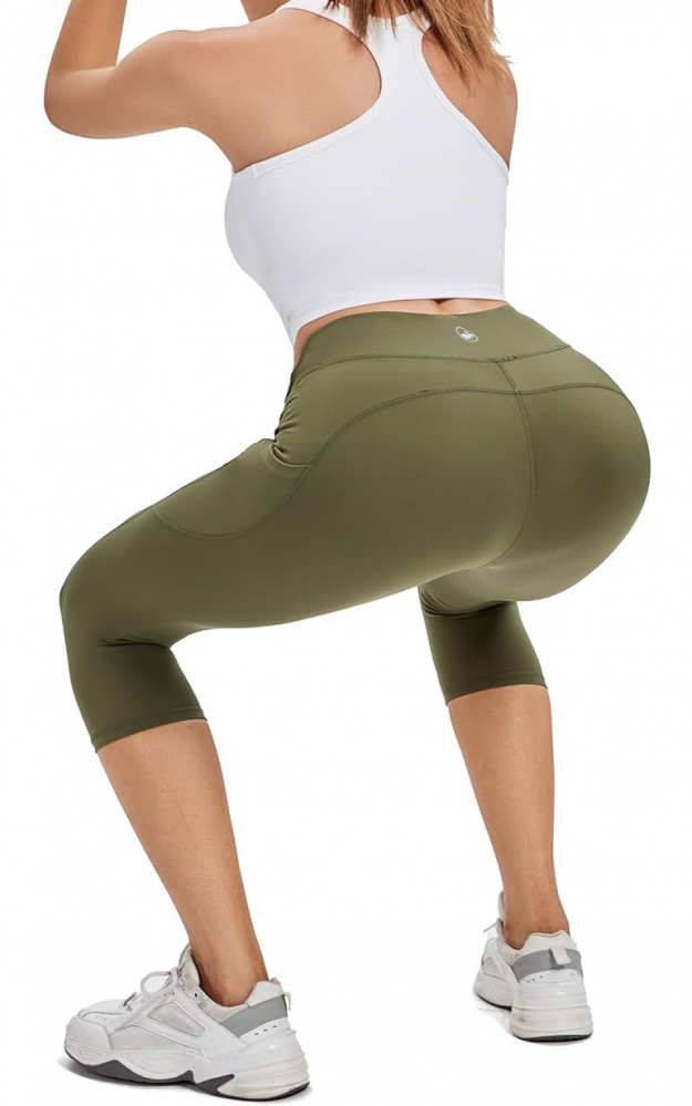 Colanti sport 3/4 pentru femei, cu talie inalta, buzunare laterale si material opac, ideali pentru sport, yoga sau tinute casual, Adorence, verde army [4]