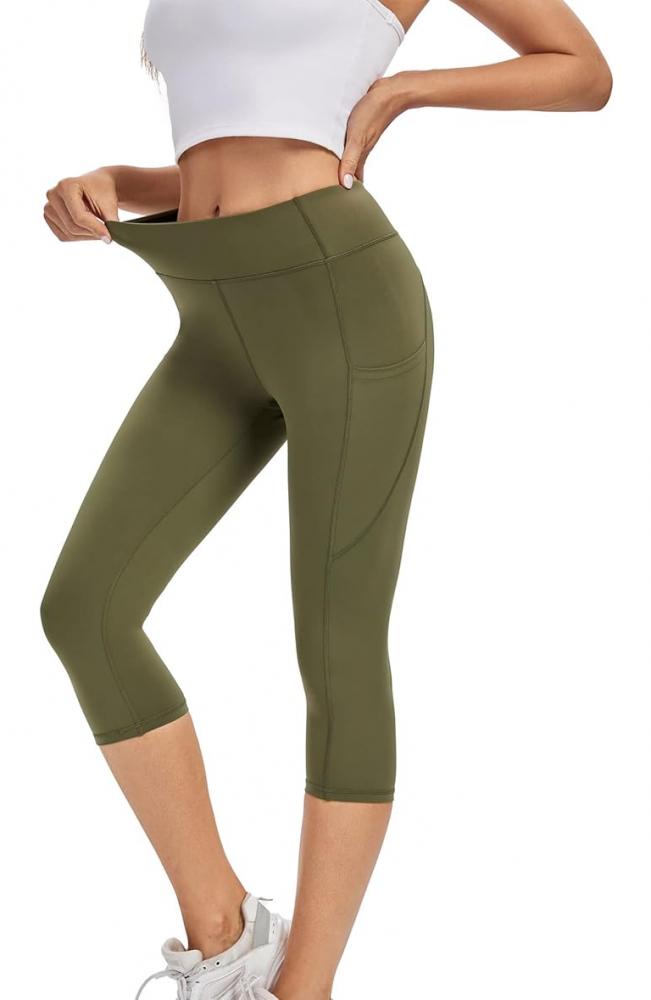 Colanti sport 3/4 pentru femei, cu talie inalta, buzunare laterale si material opac, ideali pentru sport, yoga sau tinute casual, Adorence, verde army [3]