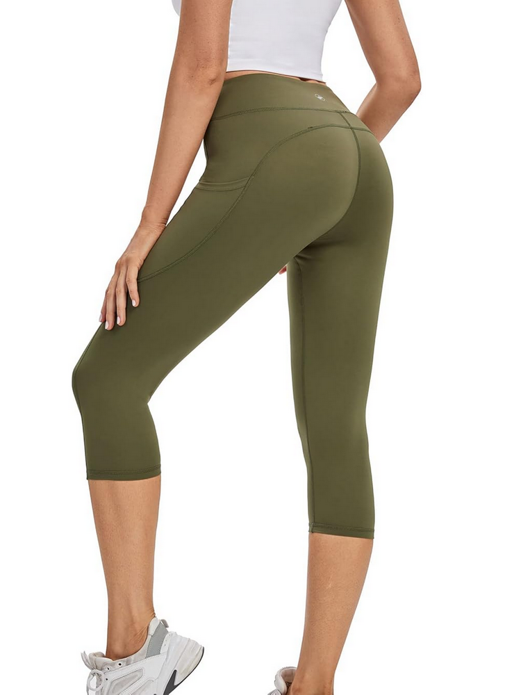 Colanti sport 3/4 pentru femei, cu talie inalta, buzunare laterale si material opac, ideali pentru sport, yoga sau tinute casual, Adorence, verde army [2]