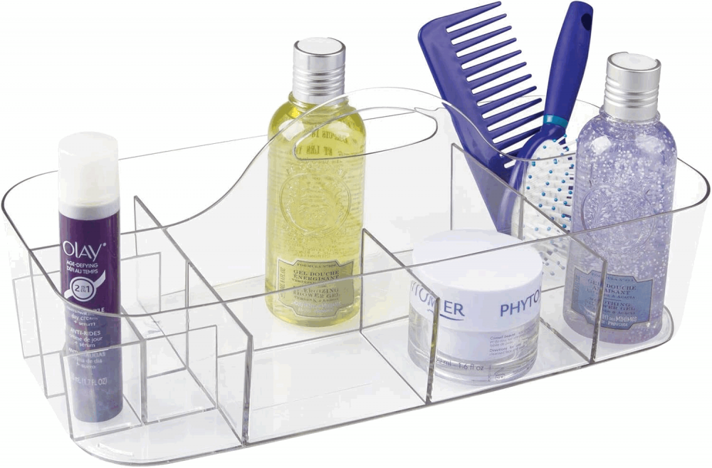 Coș de Depozitare Portabil din Plastic pentru Articole de Toaletă, 11 comapartimente, transparent, mDesign, 17,8x36,8x14,6 cm [6]