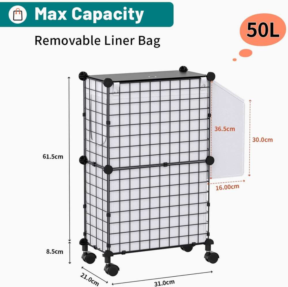 Coș rufe slim cu roți, cu sac detașabil și buzunar lateral, Snughome, 50L, Y1RF [3]