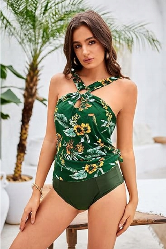 Costum de baie dama, tankini 2 piese, verde cu imprimeu floral, GRACE KARIN [5]
