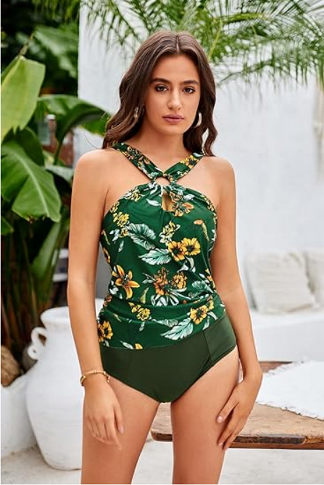 Costum de baie dama, tankini 2 piese, verde cu imprimeu floral, GRACE KARIN [6]