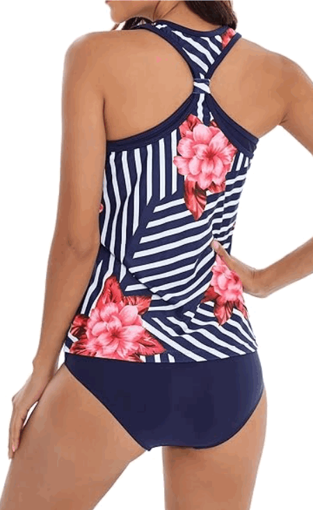 Costum de baie două piese, Design Sportiv cu Dungi și Flori, Talia Înaltă, LA Orchid [3]