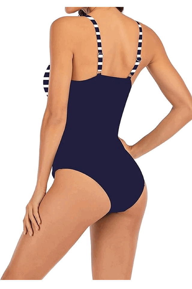 Costum de Baie Femei dintr-o Bucată, Push-up, V-neck, Control Abdomen, Laorchid navy blue cu dungi albe [2]