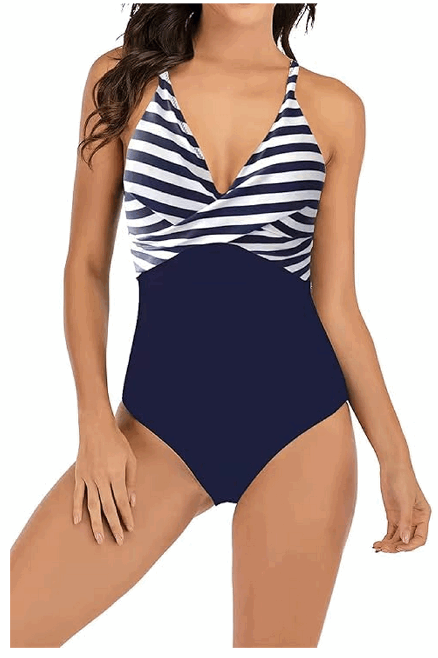 Costum de Baie Femei dintr-o Bucată, Push-up, V-neck, Control Abdomen, Laorchid navy blue cu dungi albe [1]