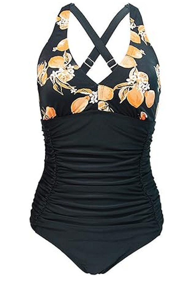 Costum de Baie Întreg pentru Femei, Push Up, Talie Înaltă şi Control Abdomen, GOTIMAL, negru cu imprimeu floral [2]