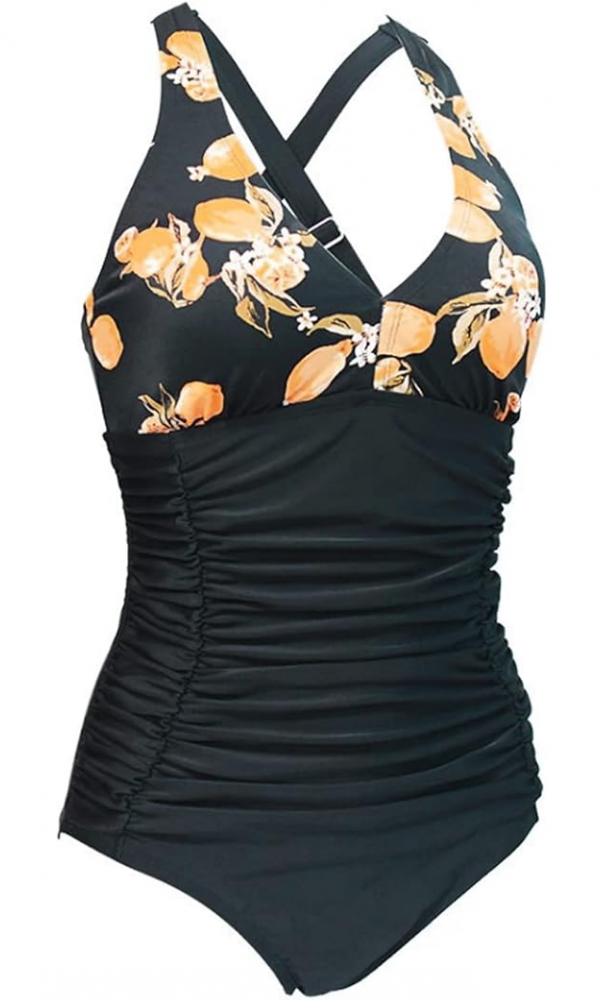 Costum de Baie Întreg pentru Femei, Push Up, Talie Înaltă şi Control Abdomen, GOTIMAL, negru cu imprimeu floral [1]