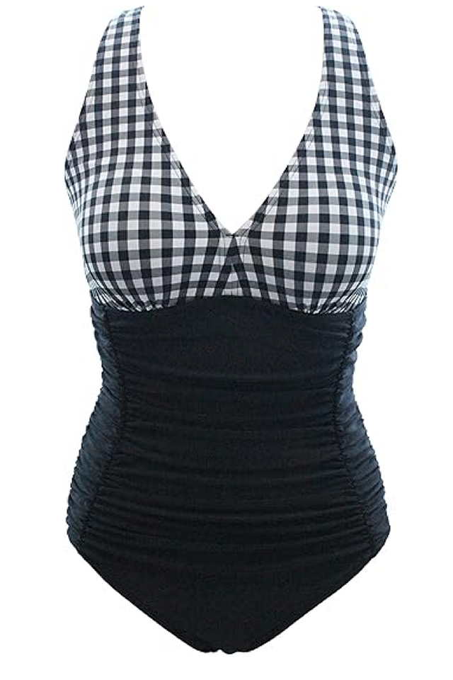 Costum de Baie Întreg pentru Femei, Push Up, Talie Înaltă şi Control Abdomen, GOTIMAL, negru si carouri albe, marime M [2]