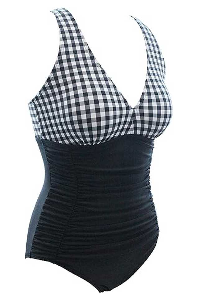 Costum de Baie Întreg pentru Femei, Push Up, Talie Înaltă şi Control Abdomen, GOTIMAL, negru si carouri albe, marime M [4]
