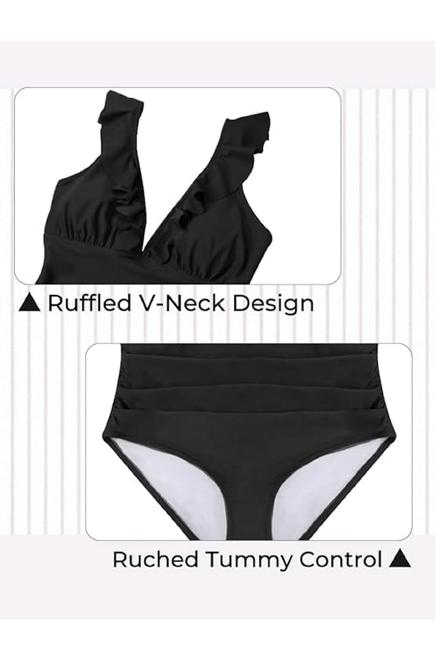 Costum de Baie pentru femei dintr-o piesa, cu Volane, Decolteu în V și Control Abdomen, SummerMae, negru, S [3]