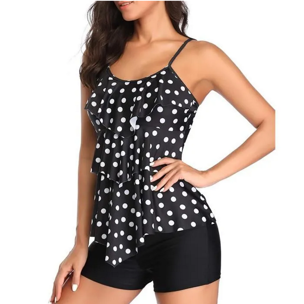 Costum de Baie pentru Femei, Top Imprimat cu Volane, 2 Piese cu Short și Tankini, Negru [3]