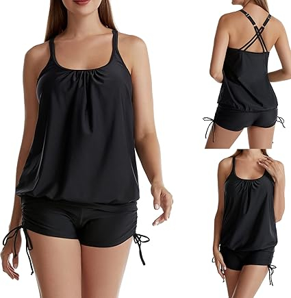 Costum de baie Tummy Control pentru Femei, Două Piese Tankini cu Boyshort, Ascunde Burta, Talie Înaltă, Culoare Neagră [2]