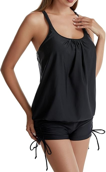 Costum de baie Tummy Control pentru Femei, Două Piese Tankini cu Boyshort, Ascunde Burta, Talie Înaltă, Culoare Neagră [1]