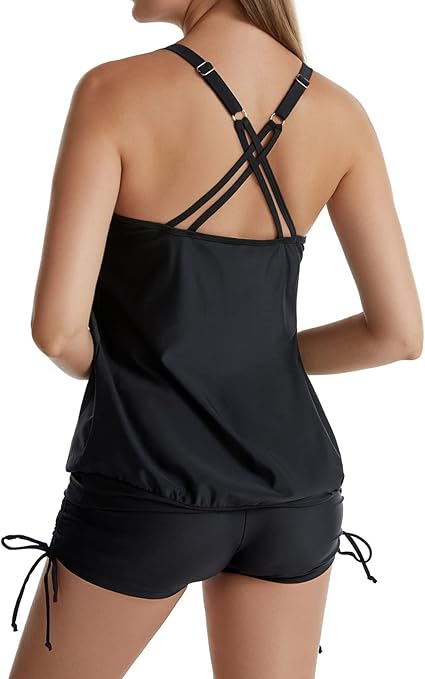 Costum de baie Tummy Control pentru Femei, Două Piese Tankini cu Boyshort, Ascunde Burta, Talie Înaltă, Culoare Neagră [3]