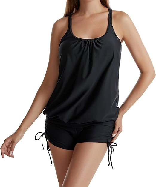 Costum de baie Tummy Control pentru Femei, Două Piese Tankini cu Boyshort, Ascunde Burta, Talie Înaltă, Culoare Neagră [4]
