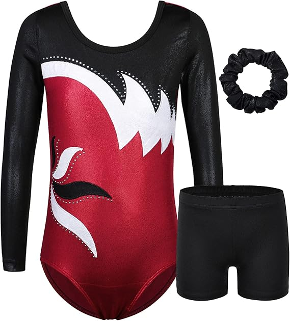 Costum de gimnastica ZNYUNE Leotard pentru Fete, Set Clasic de 3 Piese, Mărimea 6A, 5-6 ani, Rosu Vin, Material Elastic și Confortabil, H6S9 [2]