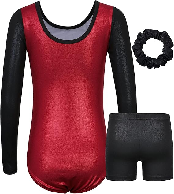 Costum de gimnastica ZNYUNE Leotard pentru Fete, Set Clasic de 3 Piese, Mărimea 6A, 5-6 ani, Rosu Vin, Material Elastic și Confortabil, H6S9 [3]