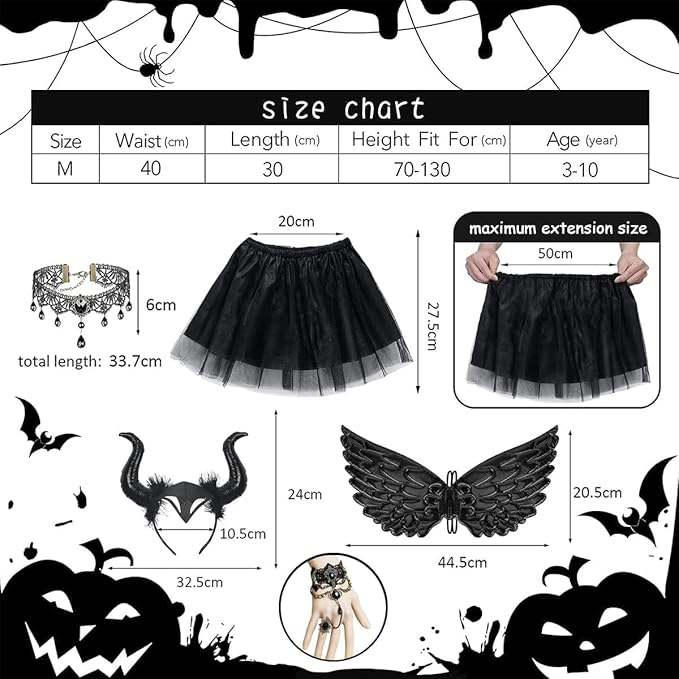 Costum Halloween fetite 3-10 ani – fusta tulle neagra, coarne, aripi si colier cosplay [3]