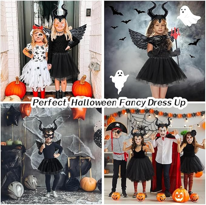 Costum Halloween fetite 3-10 ani – fusta tulle neagra, coarne, aripi si colier cosplay [5]