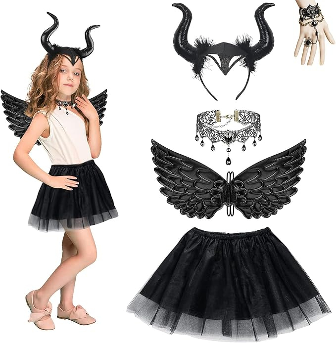 Costum Halloween fetite 3-10 ani – fusta tulle neagra, coarne, aripi si colier cosplay [1]
