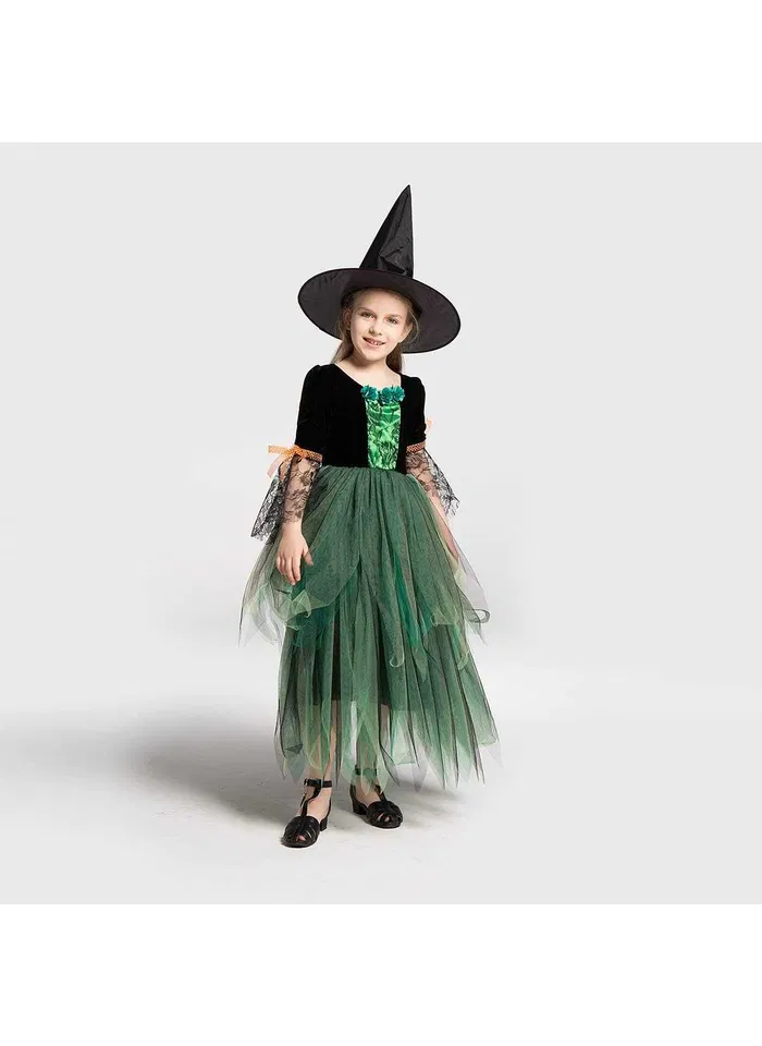 Costum de vrajitoare pentru fetite, cu palarie conica, bagheta, masca, ideal pentru petreceri mascate, Halloween, zile de nastere [3]