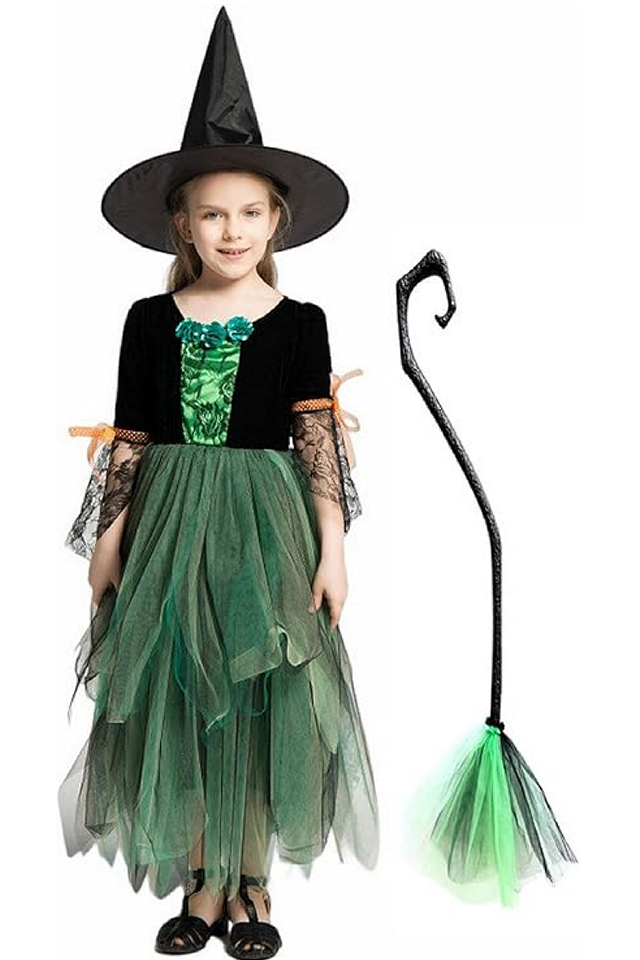 Costum de vrajitoare pentru fetite, cu palarie conica, bagheta, masca, ideal pentru petreceri mascate, Halloween, zile de nastere [5]
