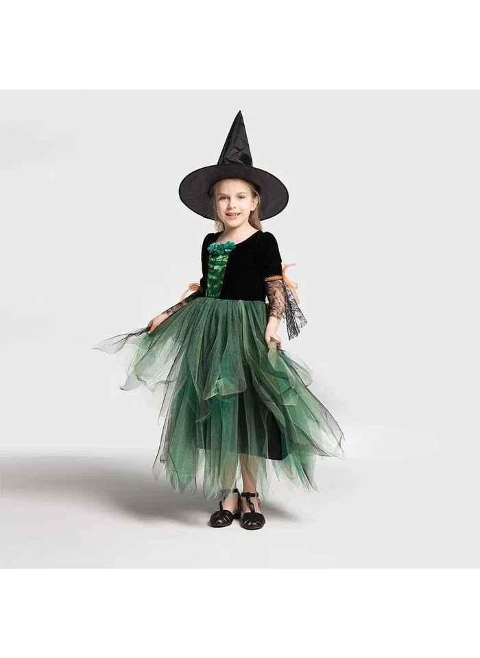 Costum de vrajitoare pentru fetite, cu palarie conica, bagheta, masca, ideal pentru petreceri mascate, Halloween, zile de nastere [2]