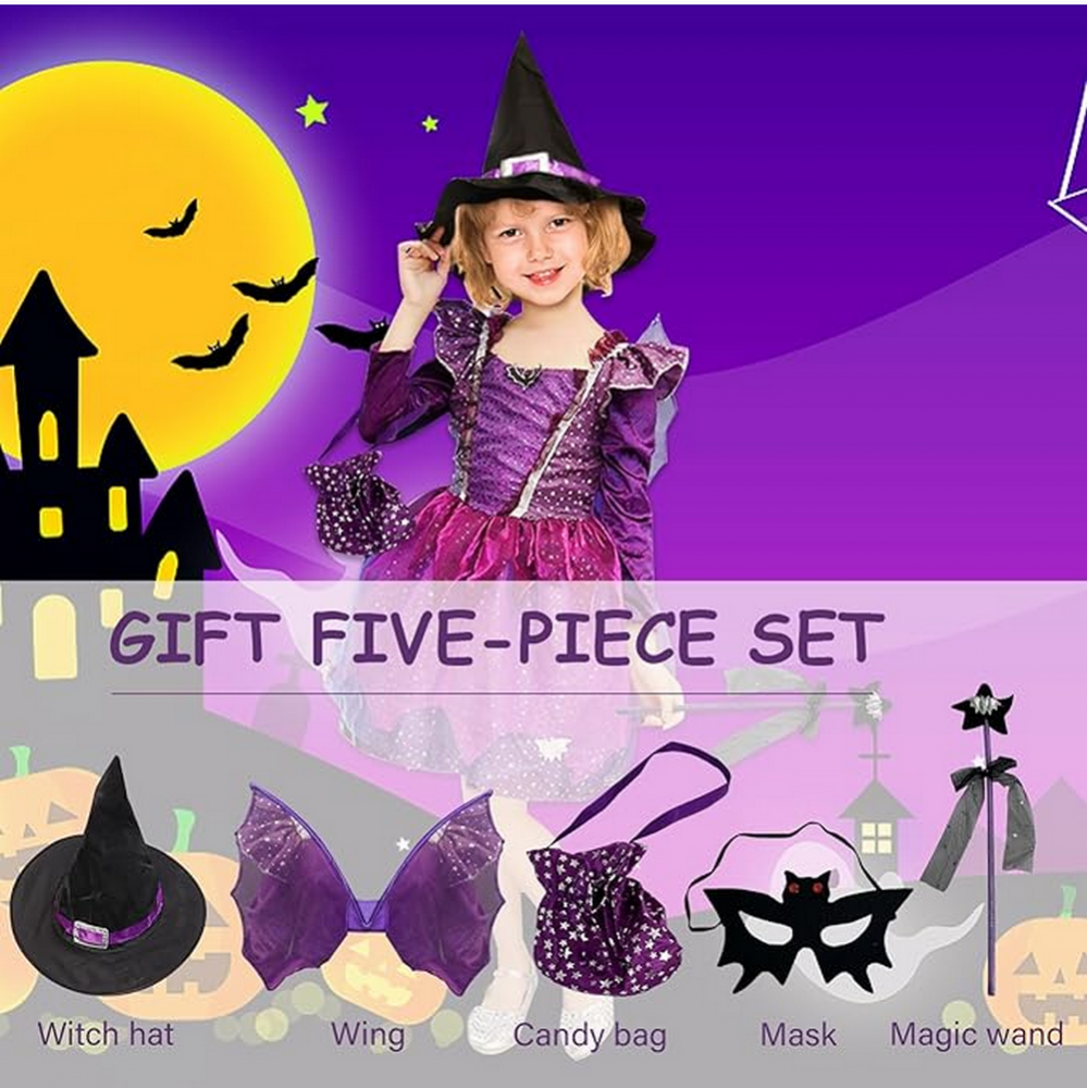 Costum de vrajitoare pentru Fetite – Rochita de Vrajitoare Mov cu Accesorii, Palarie, Bagheta, Saculet Dulciuri, REIWIDE, marime 130 [5]